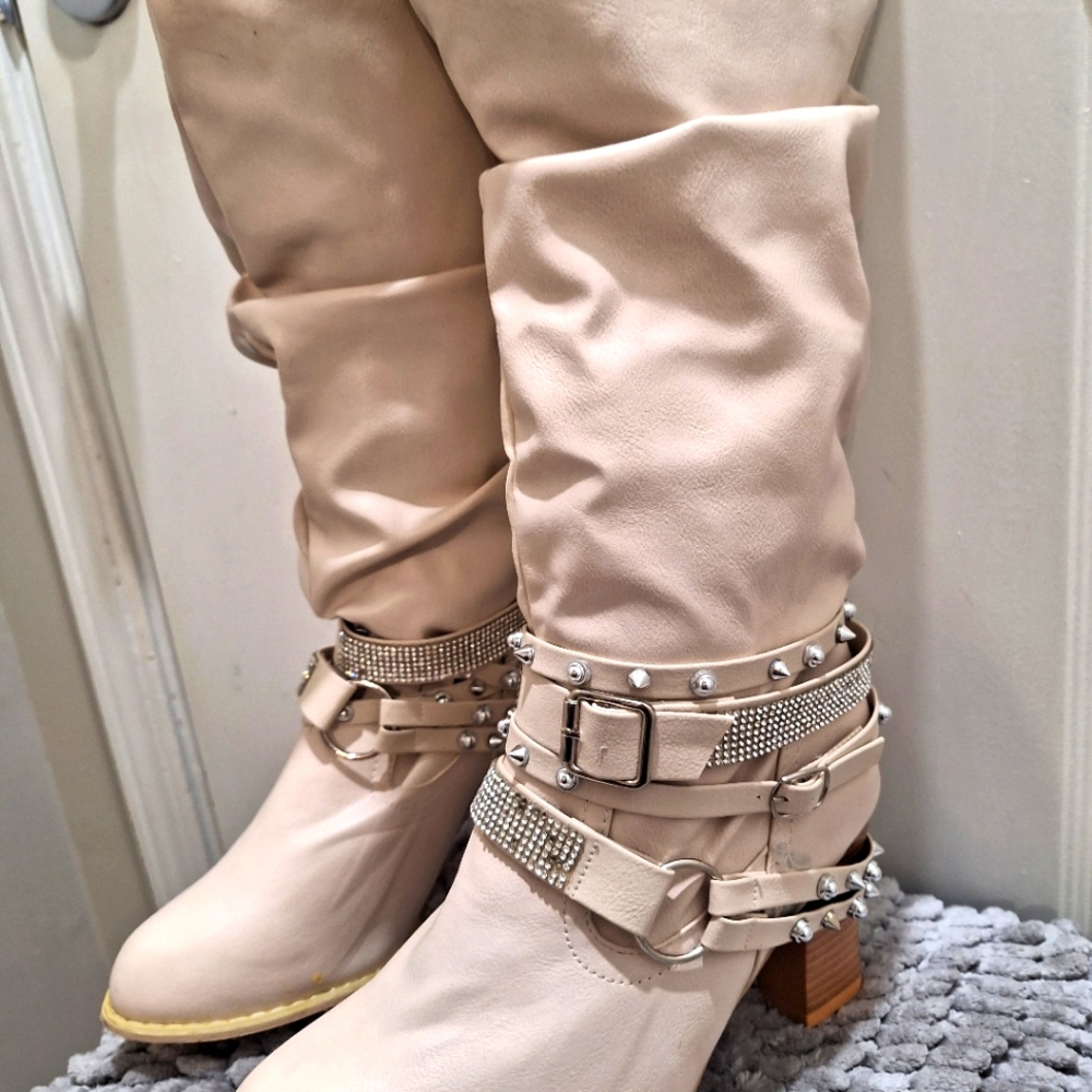 NWOT Beige Over the Knee Boots W/Studs & Rhinestones  Size 6